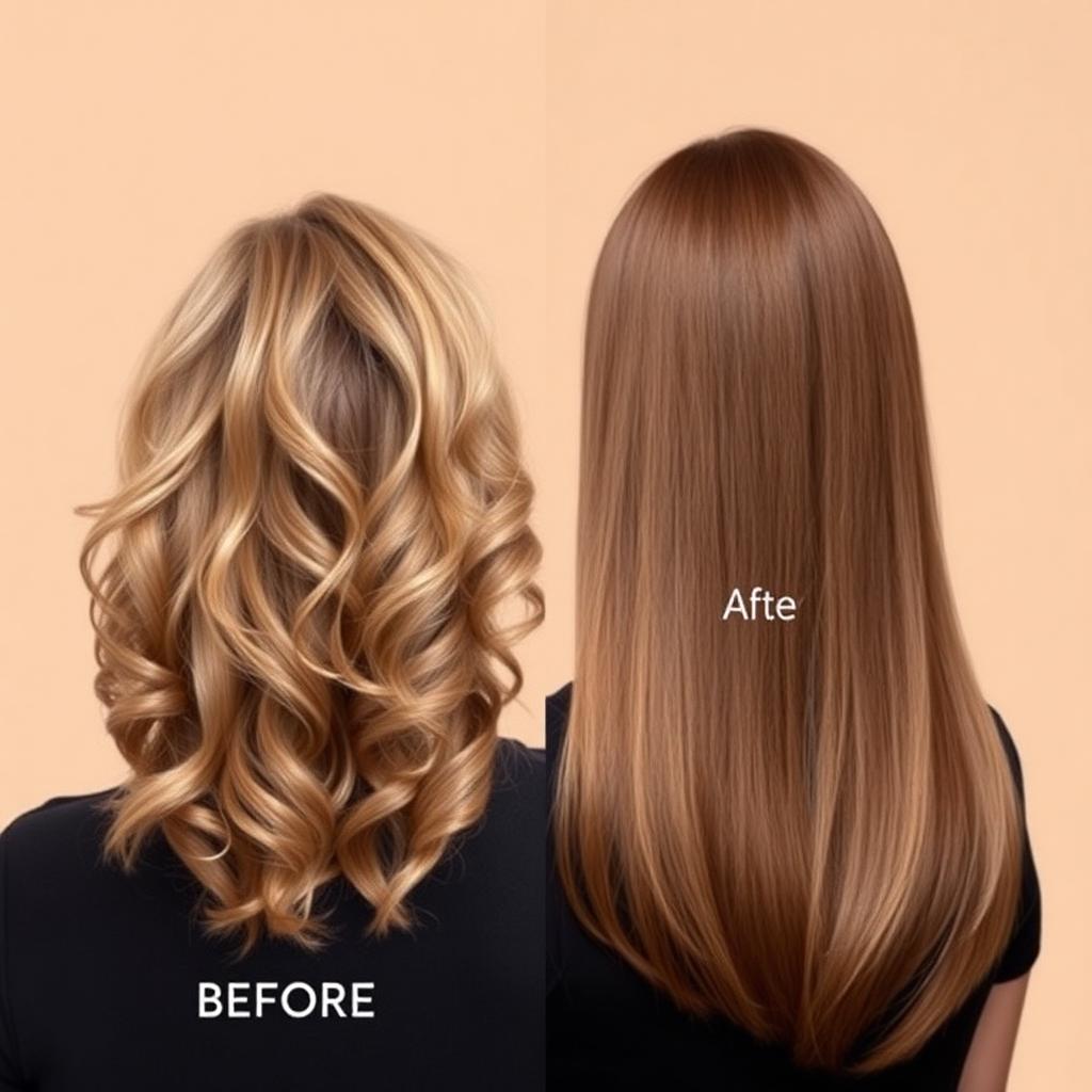 Before and after: dry, frizzy hair transformed into smooth, glossy, healthy hair after using kaesbeauty Hair Elixir