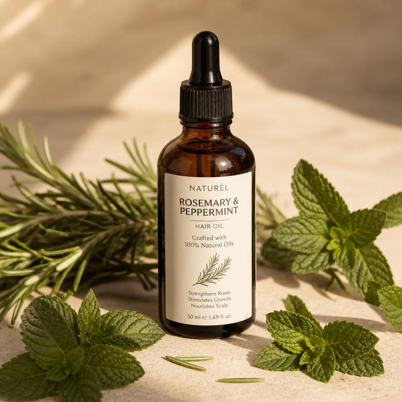Amber glass dropper bottle of kaesbeauty Hair Elixir surrounded by fresh rosemary sprigs